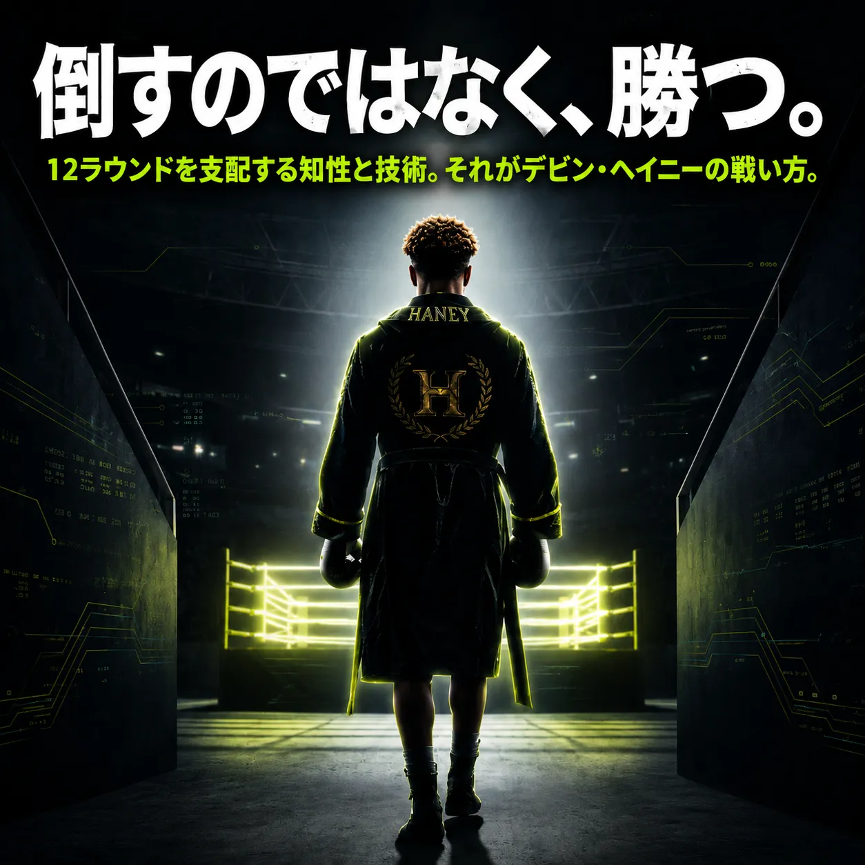 ボクサーのデビン・ヘイニーが「HANEY」と月桂樹のHロゴが入った黒いガウンを着て、ネオンに照らされたボクシングリングへ続く通路に立つ後ろ姿。「倒すのではなく、勝つ。」のキャッチコピー付き。