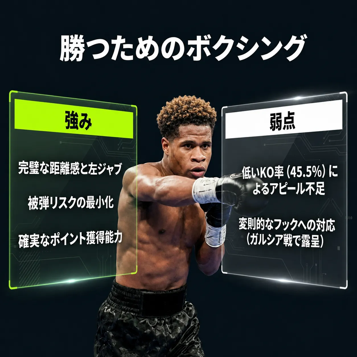 「勝つためのボクシング」と題したインフォグラフィック。左ジャブを放つボクサーの写真を中央に配置。強みは完璧な距離感と左ジャブ、被弾リスクの最小化、確実なポイント獲得能力。弱点は低いKO率45.5%と変則的フックへの対応。