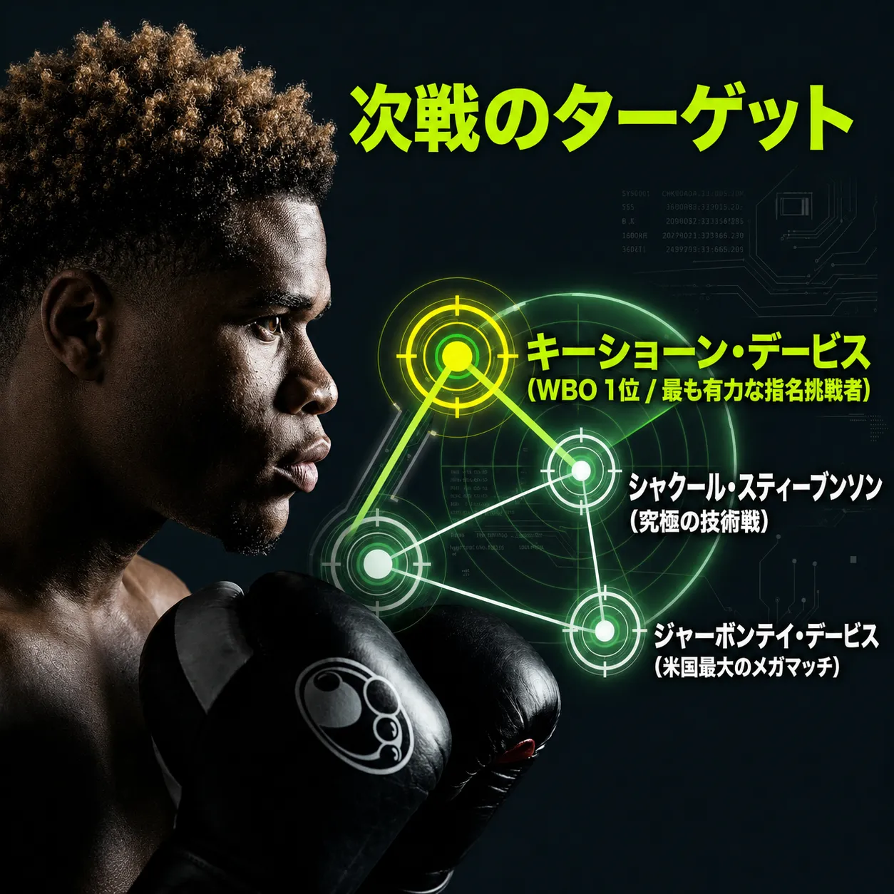 ボクシング選手の横顔とグローブを背景に「次戦のターゲット」の見出しと候補対戦相手3名を示すグラフィック。キーショーン・デービス（WBO1位）、シャクール・スティーブンソン、ジャーボンテイ・デービスがターゲットマークで表示されている。