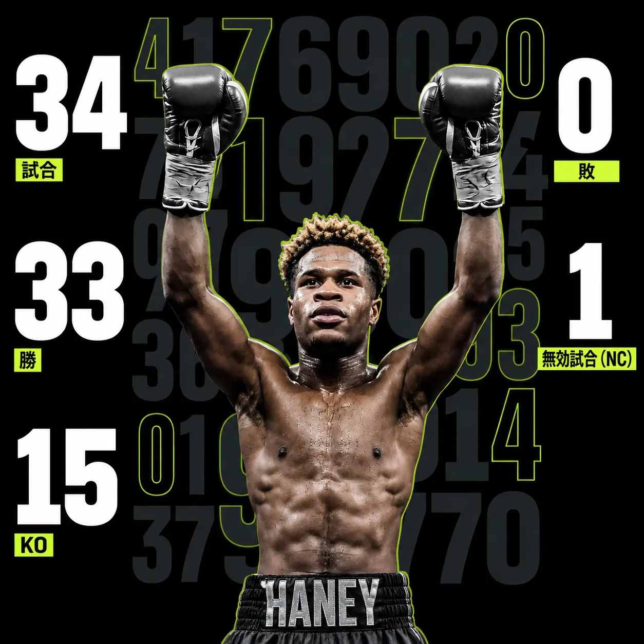 プロボクサー「HANEY」が両腕を上げて勝利を喜ぶ姿。背景に戦績を示す数字。試合数34、勝33、KO15、敗0、無効試合（NC）1の統計データを表示したボクシング戦績インフォグラフィック。