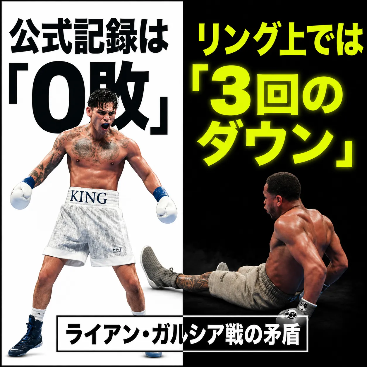 ボクシングのサムネイル画像。左側に「KING」のトランクスを履いた選手が雄叫びを上げ「公式記録は0敗」、右側にダウンした選手と「リング上では3回のダウン」、下部に「ライアン・ガルシア戦の矛盾」と書かれている。