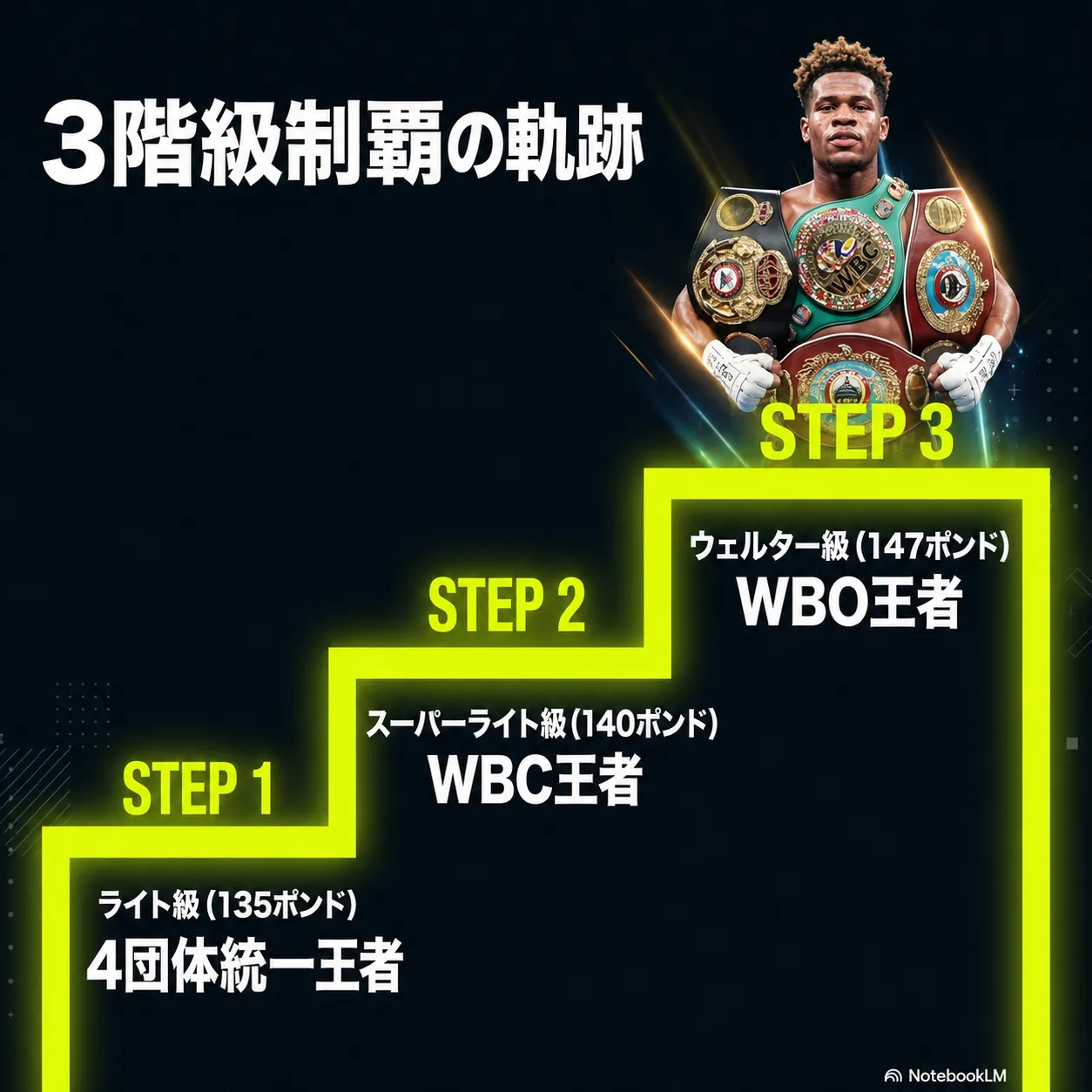 ボクサーが複数のチャンピオンベルトを掲げる3階級制覇の軌跡を示すインフォグラフィック。STEP1ライト級135ポンド4団体統一王者、STEP2スーパーライト級140ポンドWBC王者、STEP3ウェルター級147ポンドWBO王者と階段状に表示。