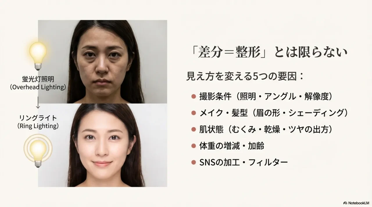 照明の違いで顔の印象が変わる比較写真と、撮影条件・メイク・肌状態・体重変化・加工など5要因を示したスライド