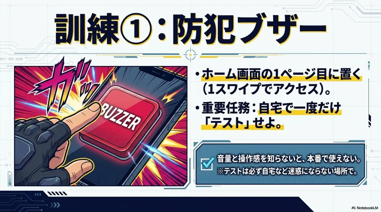 防犯ブザーの訓練・設定スライド