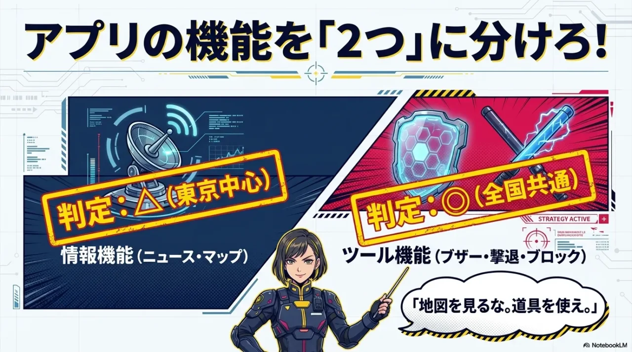 デジポリスの機能を情報とツールに分ける解説スライド