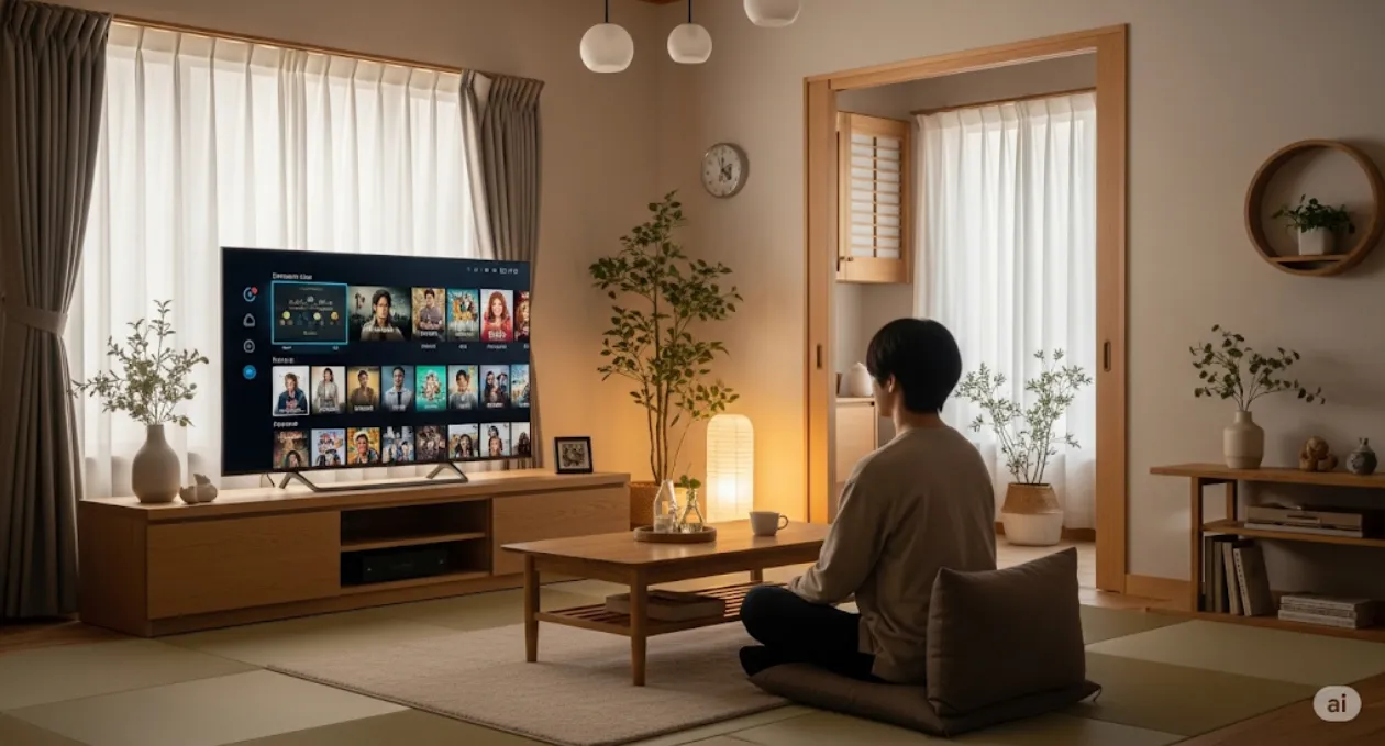 和モダンなリビングルームで、一人の男性が座布団に座り、スマートテレビで動画配信サービスを見ている後ろ姿。テレビ画面には多数の作品サムネイルが表示されている。