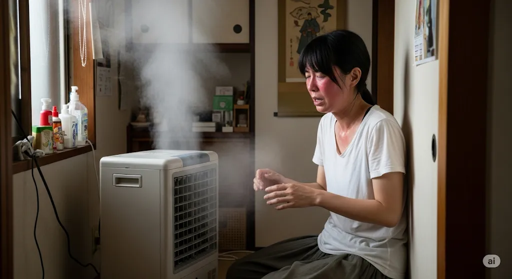 スポットクーラーの風に当たりながらも、湿度の高さから不快そうな表情で汗を拭う若い女性。