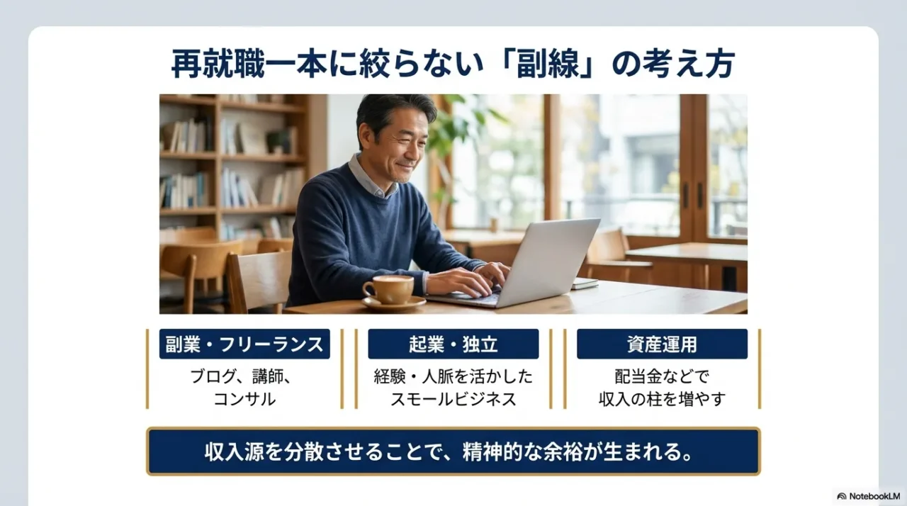 カフェでパソコンを操作する男性。副業、フリーランス、起業、資産運用など、収入源を分散させて精神的余裕を持つことを提案するスライド。