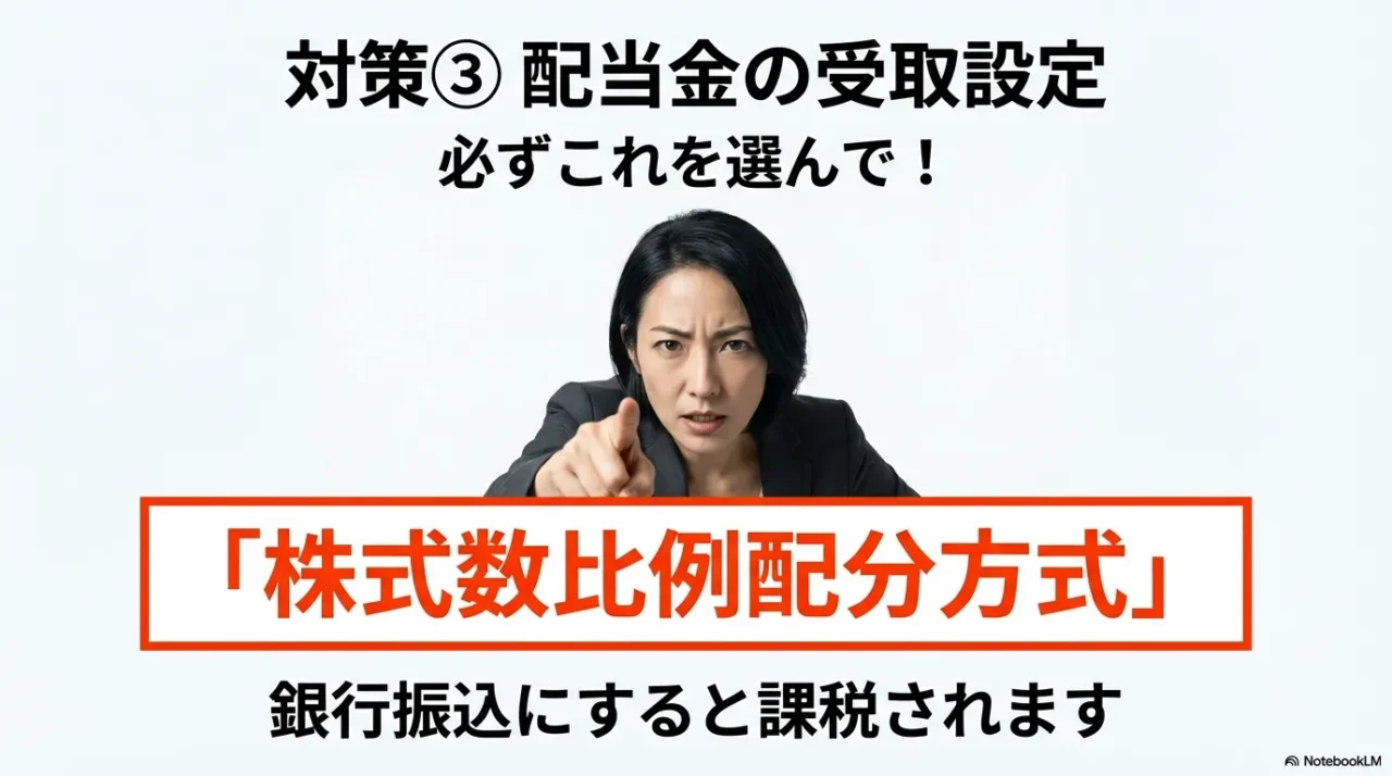 配当の受取設定を株式数比例配分方式にしないと課税される可能性があることを示す画像