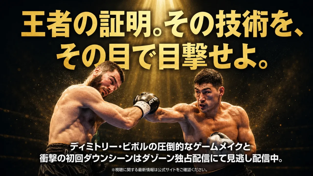 ビボルの圧倒的なゲームメイクと初回ダウンシーンをDAZN見逃し配信で訴求する画像