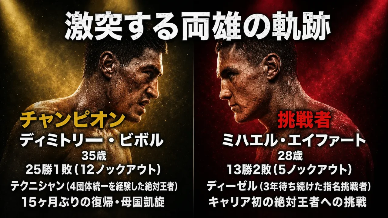 ディミトリー・ビボルとミハエル・エイファートの年齢、戦績、立場を比較した画像