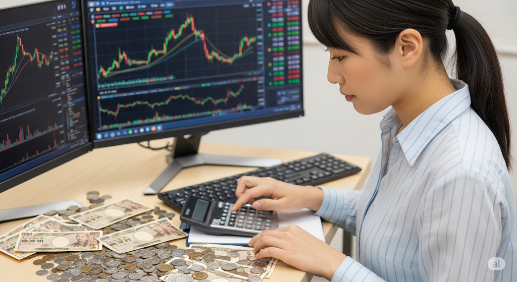 電卓と日本円、取引画面を見ながら計算する女性。