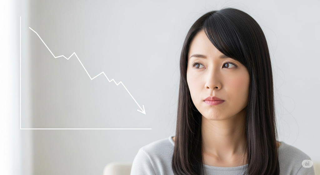 右肩下がりのグラフを背景に、考え込む表情の日本人女性。