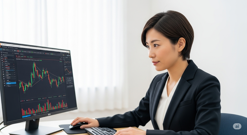 パソコンでFXのデモ取引に集中している自信に満ちた女性。