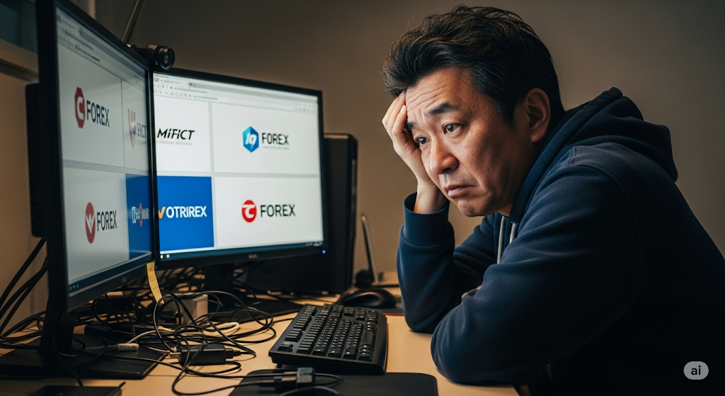 複数のFX会社のロゴが表示されたパソコンの前で頭を抱える男性。