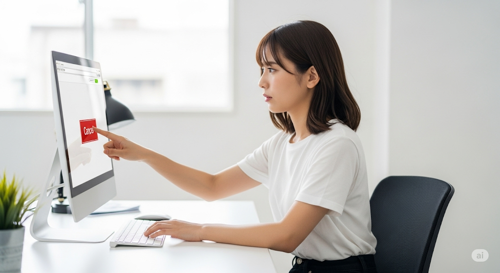 決意した表情でウェブサイトの解約ボタンをクリックする女性。