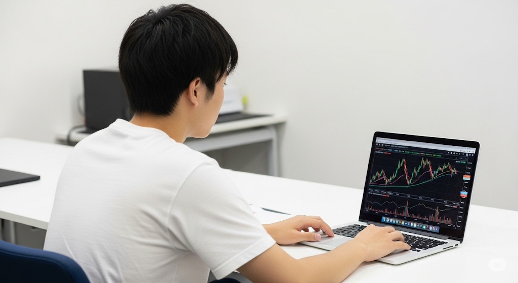 レバレッジと損切りの指標が表示された金融チャートを学ぶ男性。