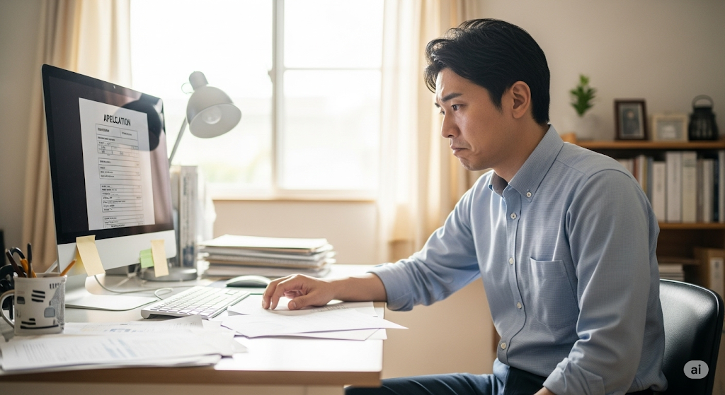 パソコンの画面に表示された申し込み否決の通知を見てがっかりする男性。