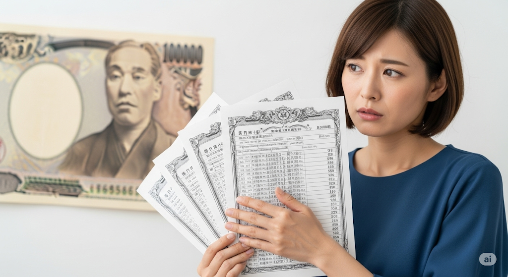 借金の契約書のような書類を手に持ち、心配そうな表情を浮かべる女性。