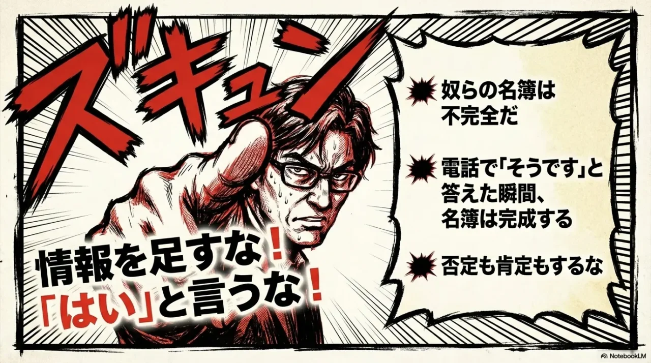 詐欺電話で相手の質問に「そうです」と答えると名簿の情報が完成してしまうことへの警告イラスト