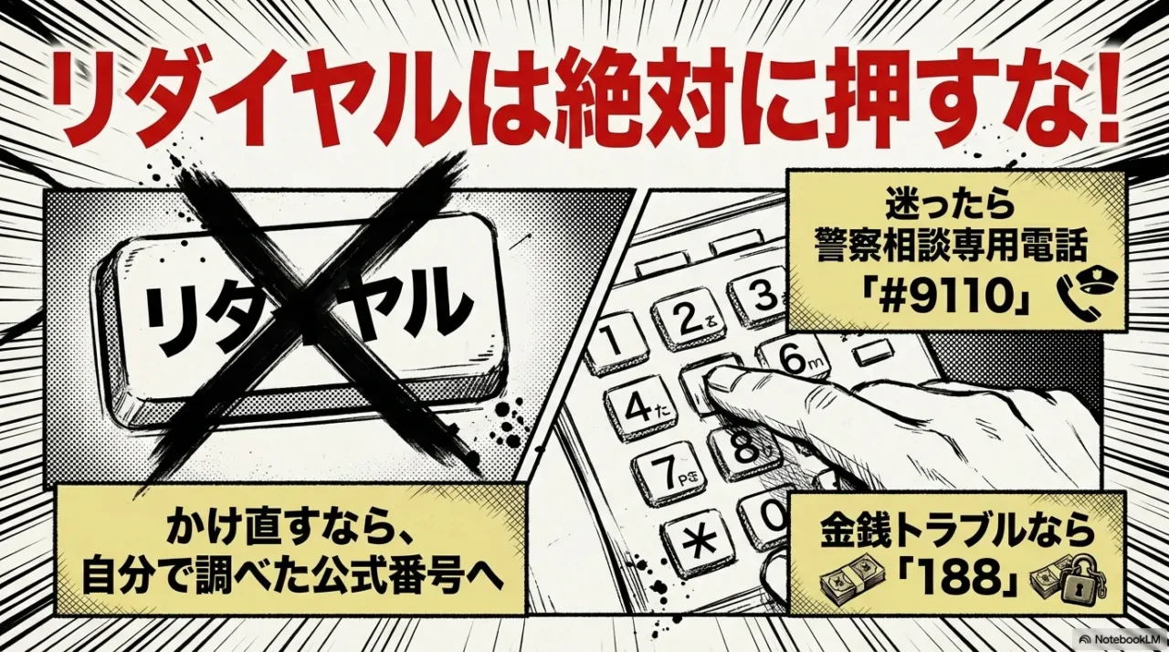 詐欺電話への折り返し（リダイヤル）はせず、自分で警察相談専用電話#9110にかけるべきという手順イラスト