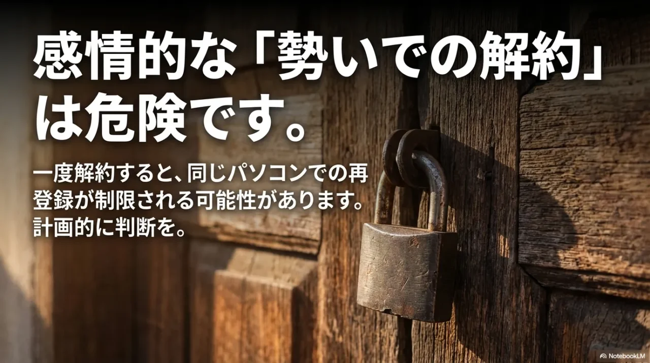 勢いで解約すると再登録が制限される可能性がある警告の画像