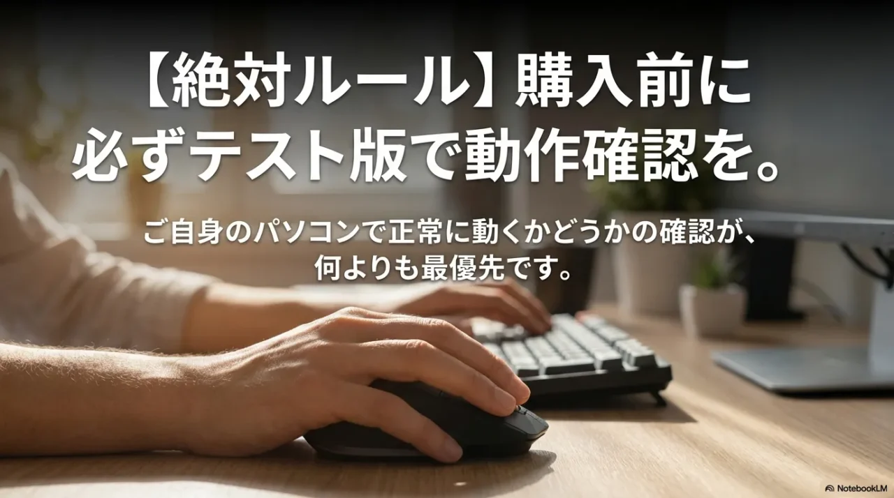 購入前にテスト版で動作確認が最優先だと伝える画像