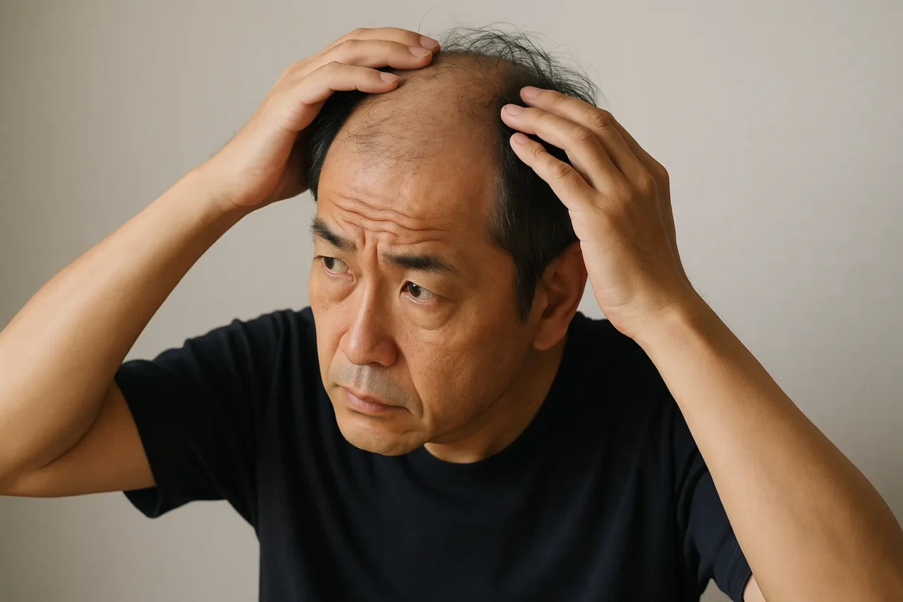 50代くらいの男性が、自身の薄毛を気にしながら頭を触り、深刻な表情をしている。