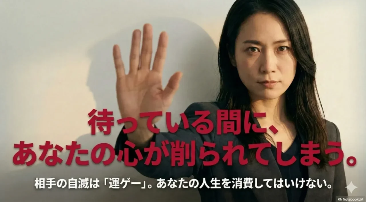 相手の不幸を待つほど自分の心が削れることを示す注意喚起イメージ