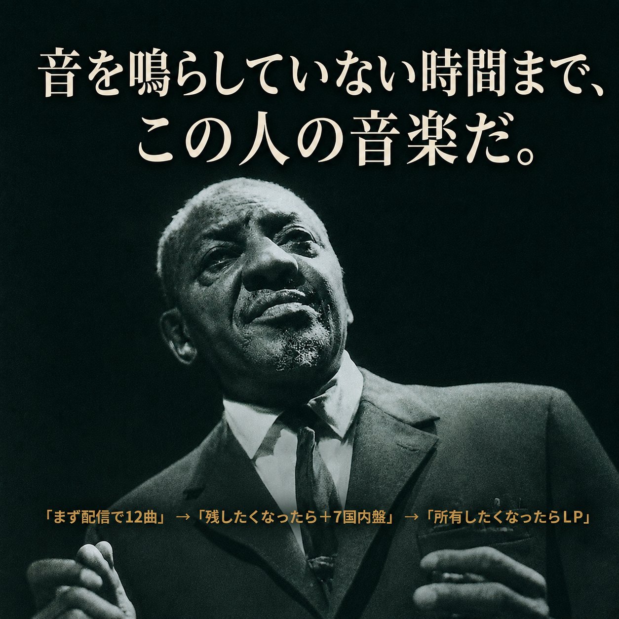 サニー・ボーイ・ウィリアムソンIIのモノクロ肖像と、配信から国内盤CD、LPへ進む聴き方の順序を示したまとめ画像。