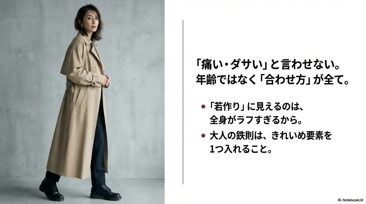 痛い・ダサいと言わせないための鉄則。若作りに見えるのは全身がラフすぎるから。大人はきれいめ要素を1つ入れるのがポイント。