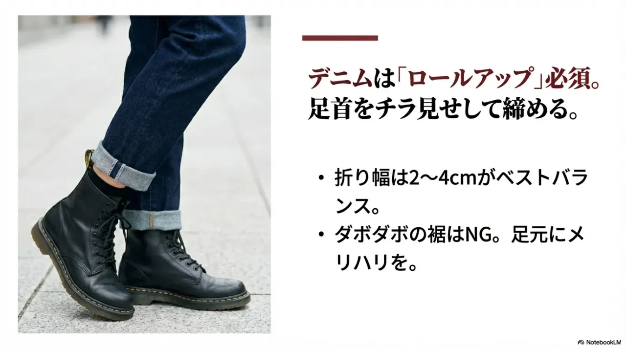 デニムはロールアップが必須。折り幅は2〜4cmがベストバランス。ダボダボの裾はNGで、足首をチラ見せして締める。