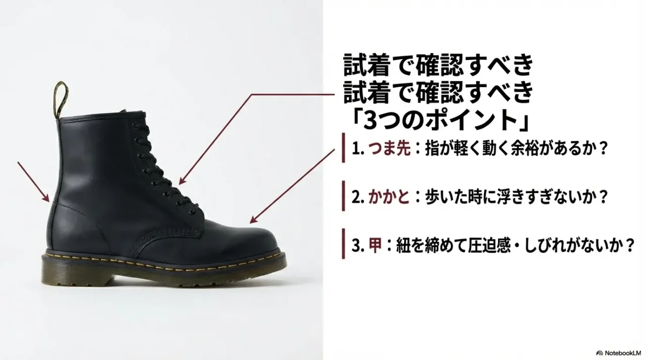 試着時のチェックポイント。1.つま先に余裕があるか、2.かかとが浮きすぎないか、3.甲に圧迫感がないかを確認する。