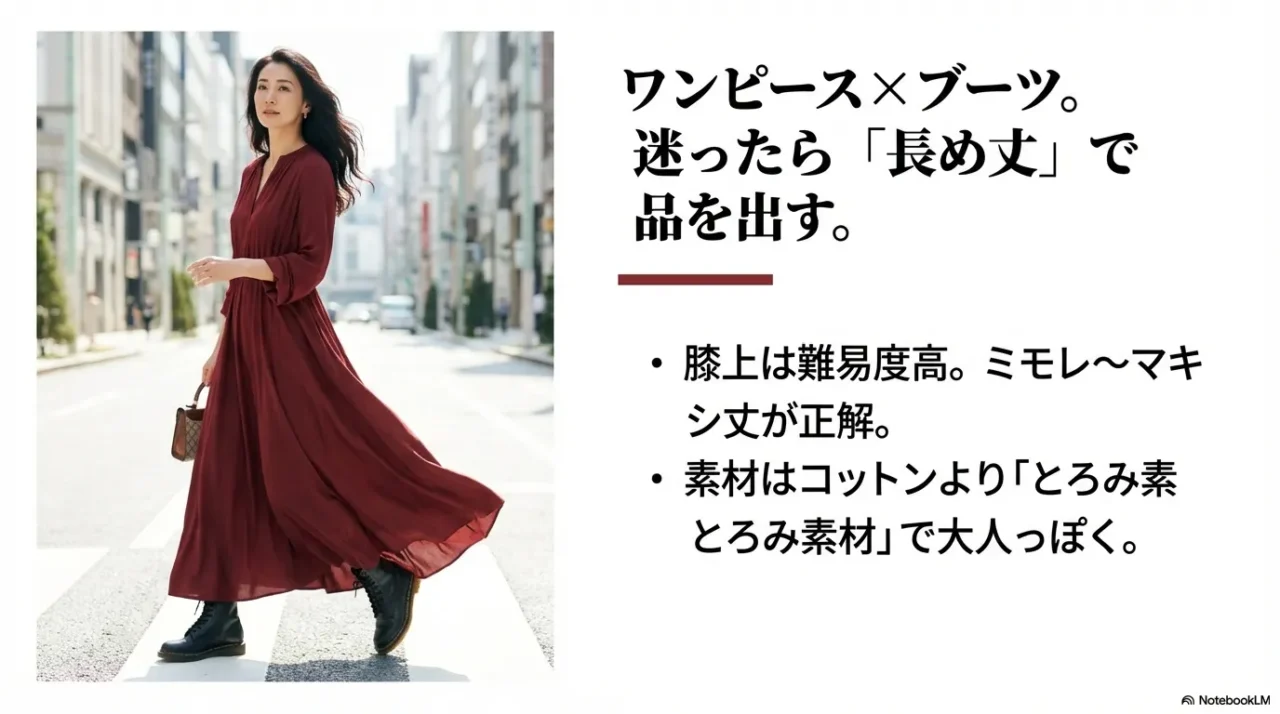 ワンピースとブーツのコーデ。迷ったら長め丈（ミモレ〜マキシ丈）を選び、とろみ素材で大人っぽさを演出する。