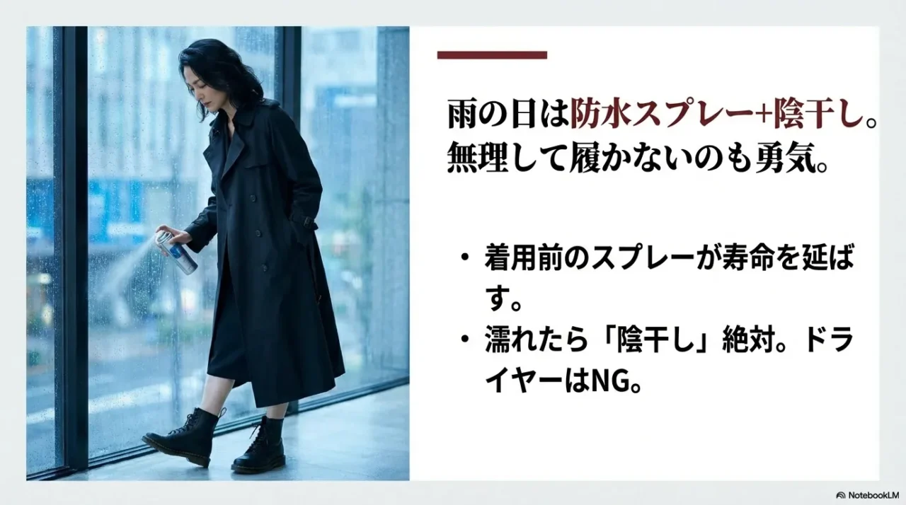 雨の日は防水スプレーと陰干しが必須。着用前のスプレーが寿命を延ばし、濡れたら陰干しを徹底する。ドライヤーはNG。