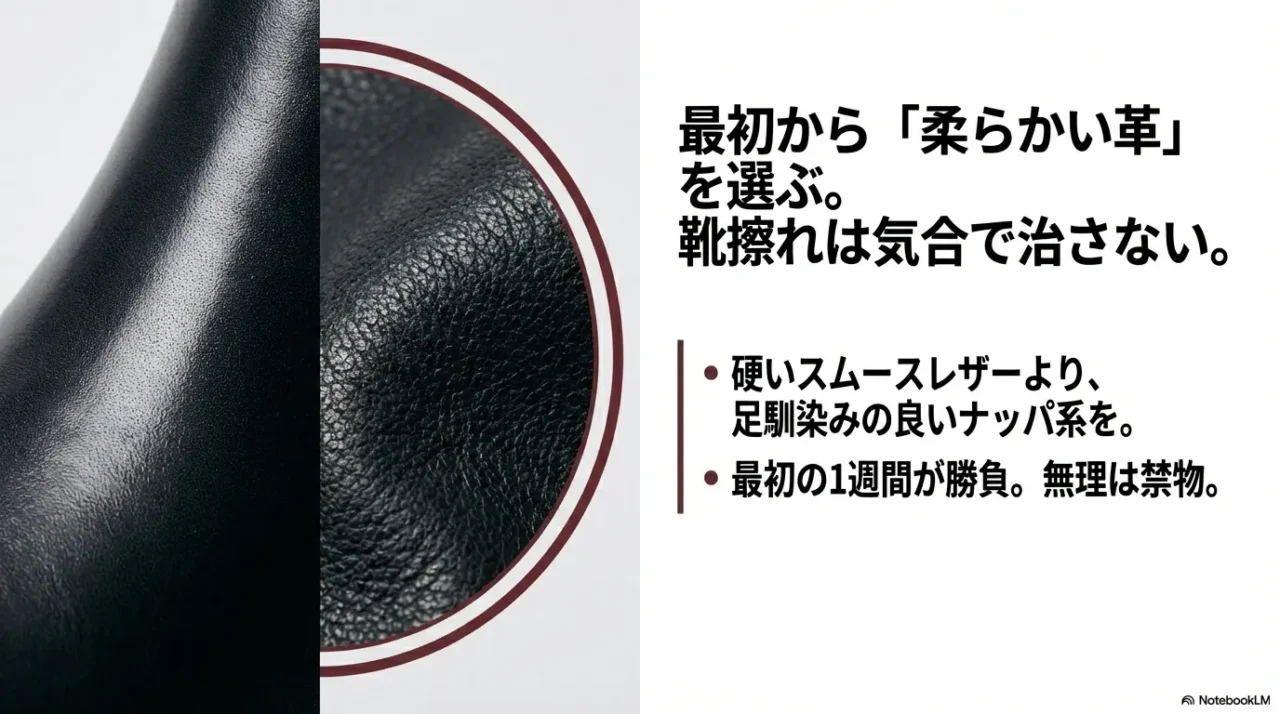最初から柔らかい革を選ぶのがコツ。硬いスムースレザーより足馴染みの良いナッパ系がおすすめ。靴擦れは気合で治さない。