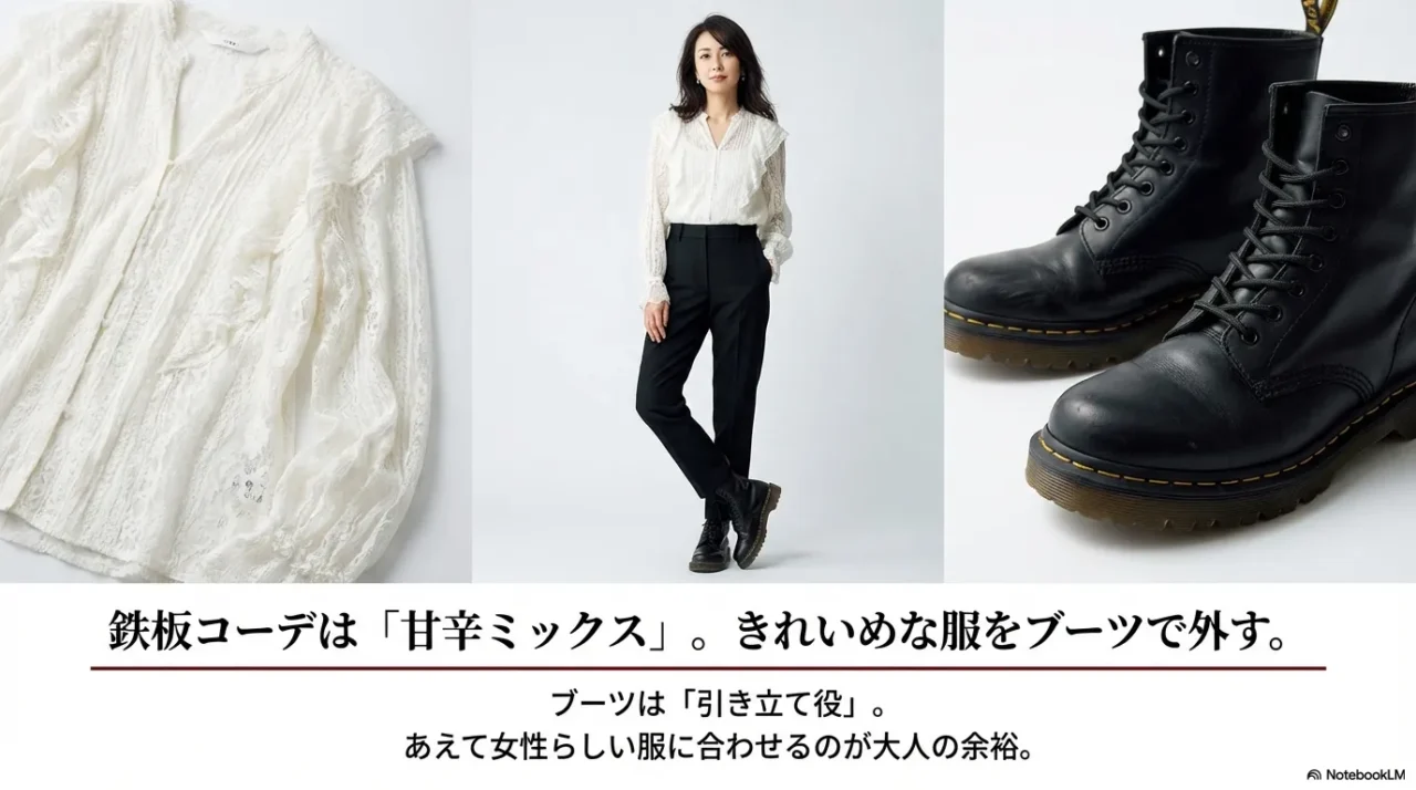 鉄板コーデは甘辛ミックス。きれいめな服をブーツで外し、ブーツは引き立て役に徹するのが大人の余裕。