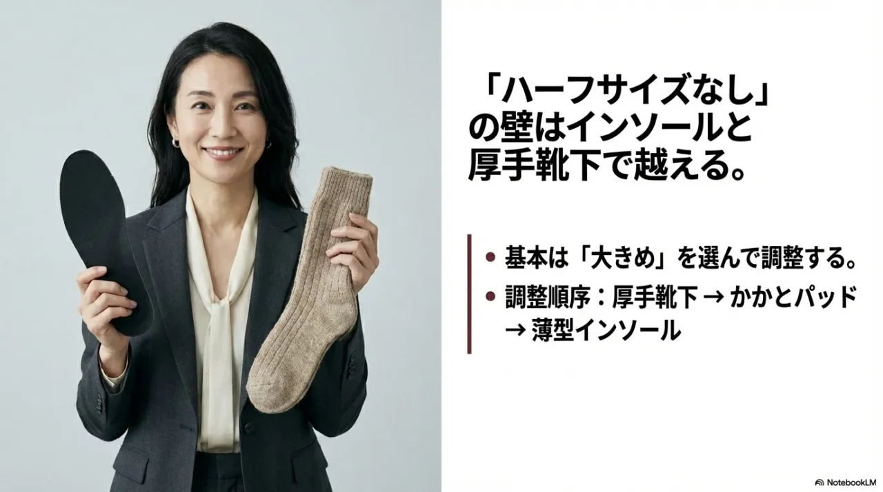 ドクターマーチンのサイズ調整方法。基本は大きめを選び、厚手靴下、かかとパッド、薄型インソールの順で調整する。