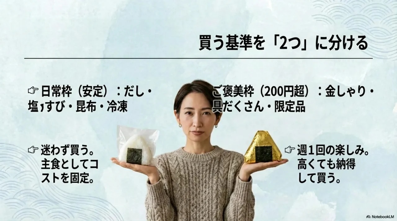 出費を抑える日常枠と週1回の楽しみであるご褒美枠を分けるおにぎり購入基準