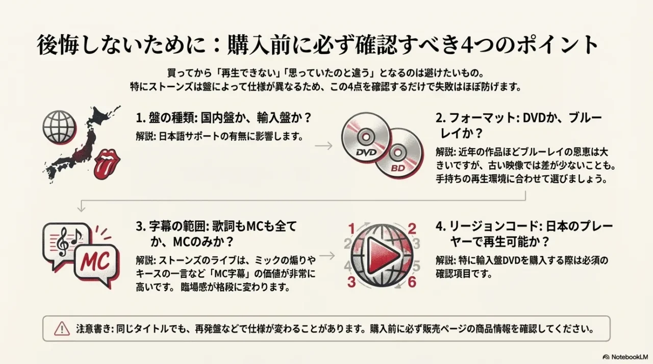 ライブDVD購入時に確認すべき4つのポイント：1.盤の種類（国内・輸入）、2.フォーマット（DVD・BD）、3.字幕の有無（歌詞・MC）、4.リージョンコード。