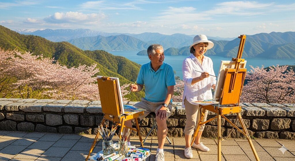 早期年金受給のメリットを享受し、風景画を描く夫婦