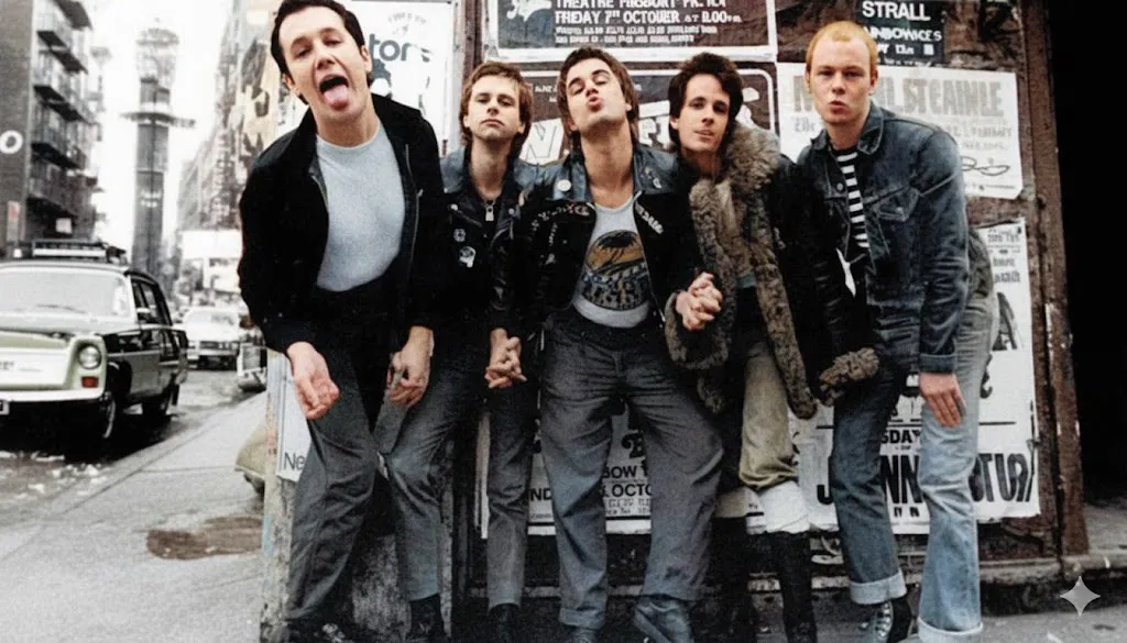 路上で肩を組んだりポーズを取ったりしながら並ぶ5人の若い男性たち。レザージャケットやデニムなどパンク風の服装を着こなし、背景にはライブ告知の貼り紙が並ぶ古い街並みが写っている。中央の人物が前に乗り出すようにキス顔をしており、全体的に活気と遊び心のある雰囲気。