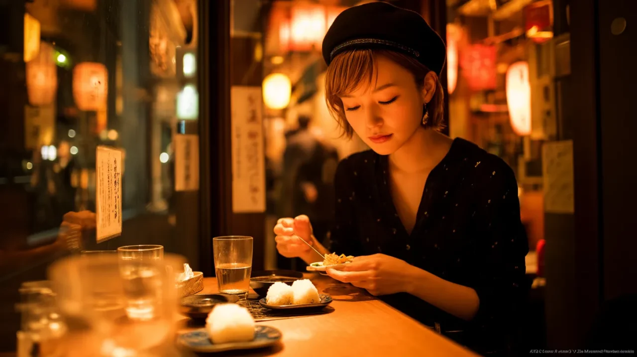 居酒屋で軽いつまみとおにぎりを食べる女性。空腹で飲まない二日酔い予防を連想させる