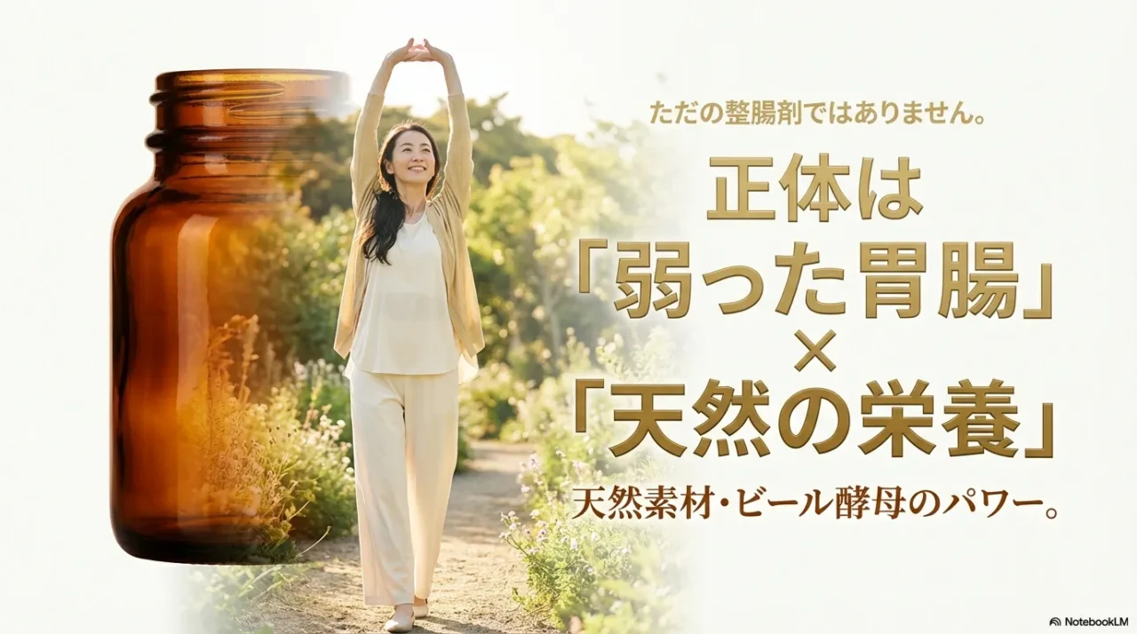 自然の中で伸びをする女性と、エビオス錠の全体コンセプトを示すイメージ