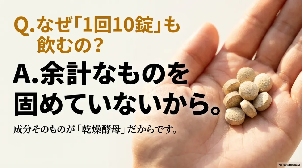 手のひらの錠剤と、1回10錠の疑問を示すイメージ