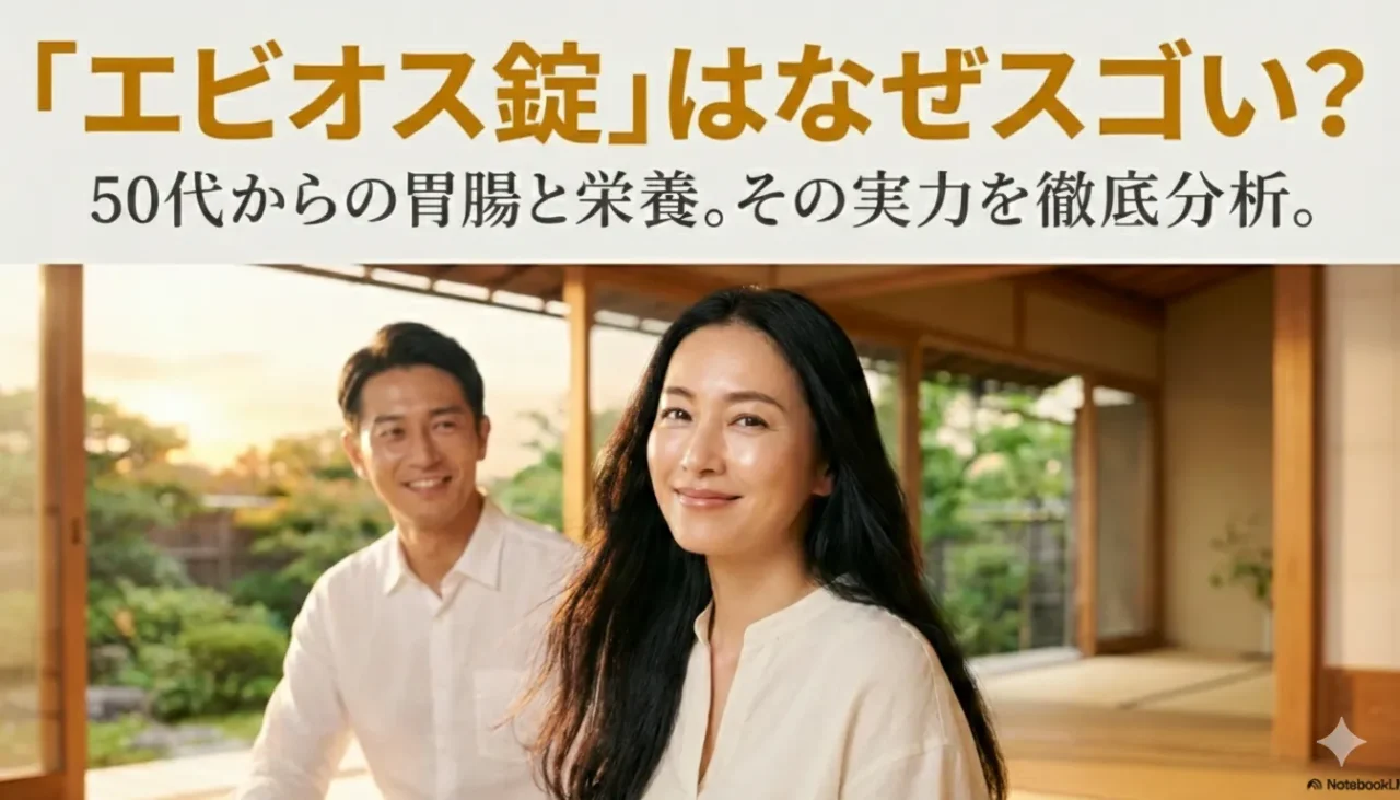 和室で微笑む50代の男女と、エビオス錠の疑問を示す導入イメージ
