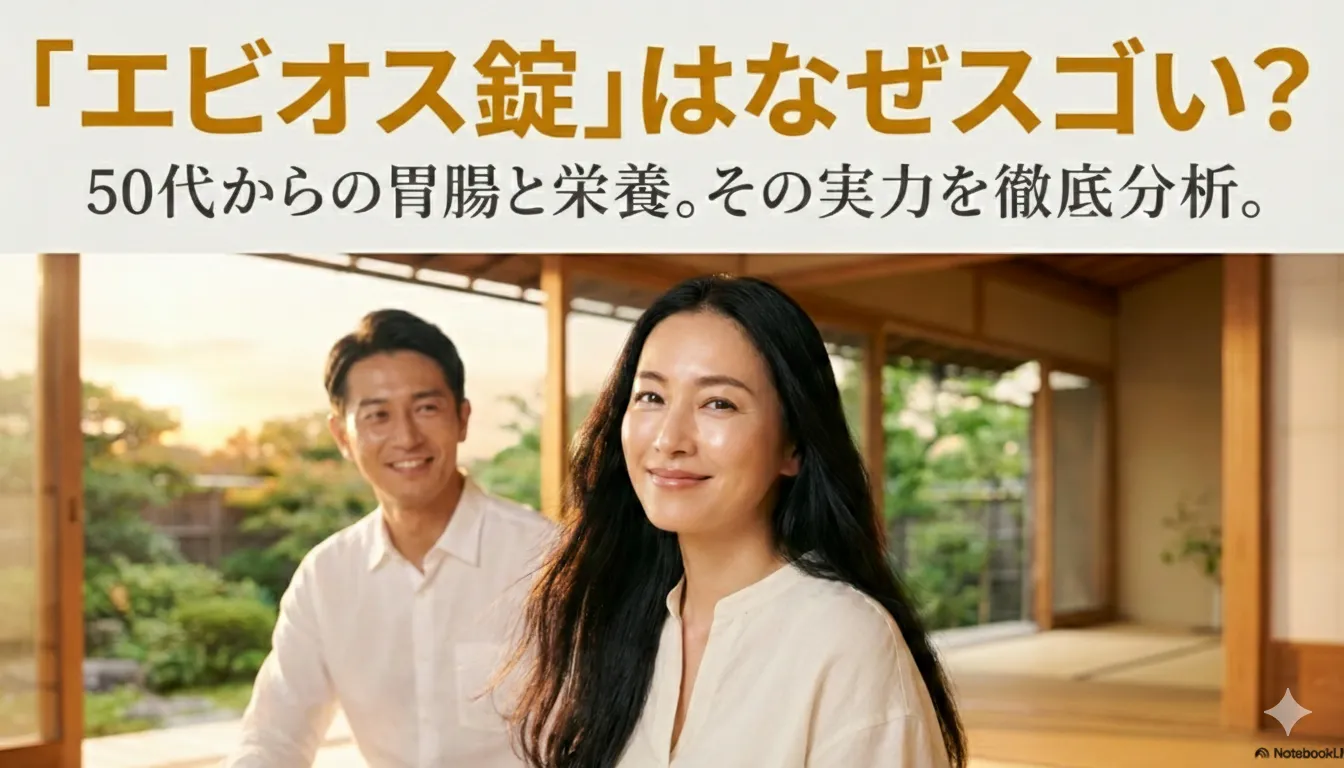 和室で微笑む50代の男女と、エビオス錠の疑問を示す導入イメージ