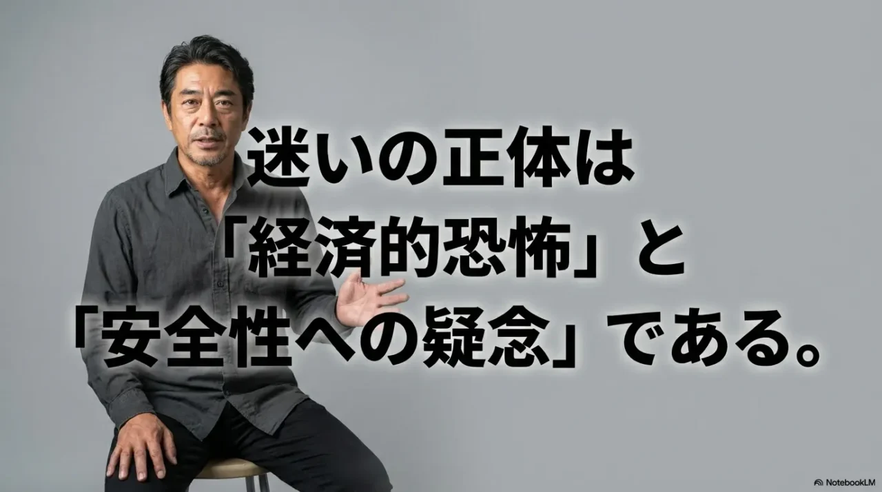 経済的不安と安全性への疑念を説明する男性