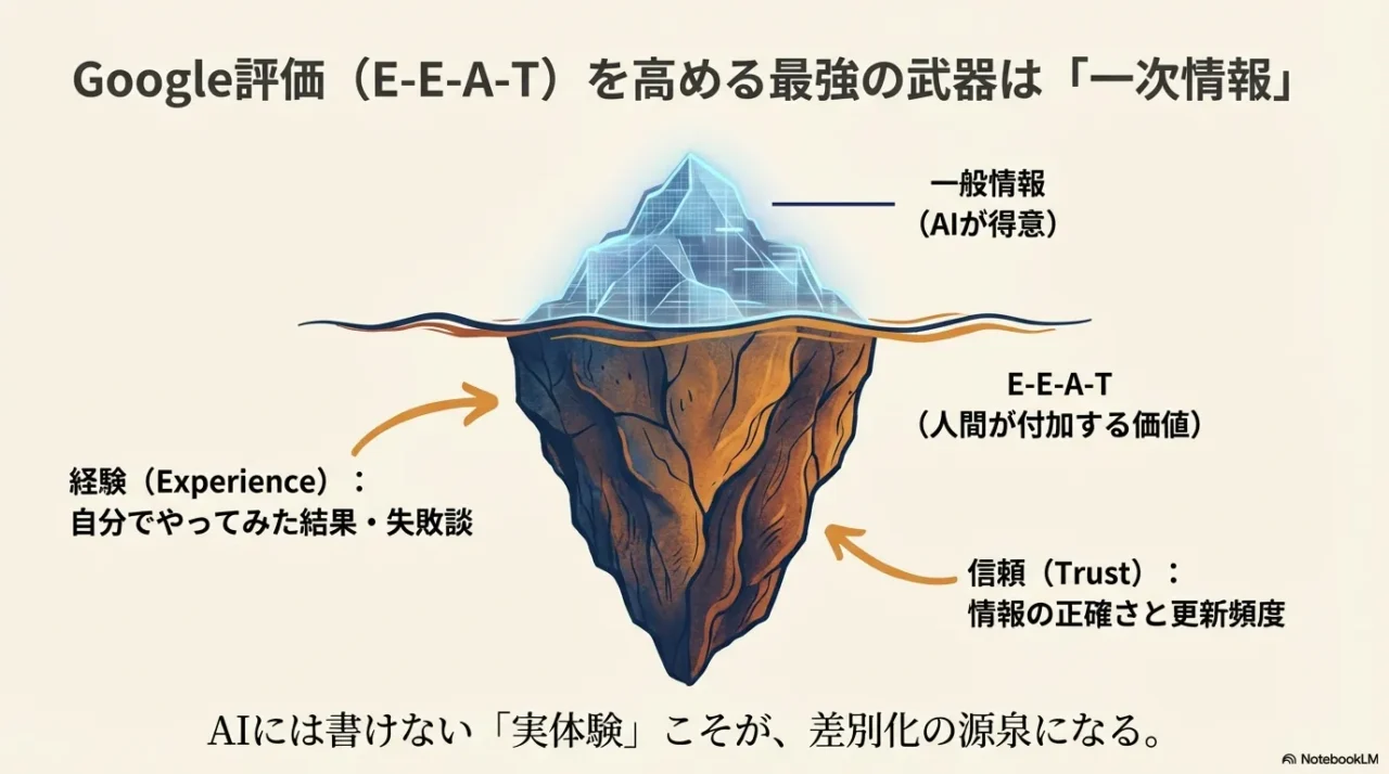 一般情報より一次情報がE-E-A-Tを支え、差別化になることを示す氷山図