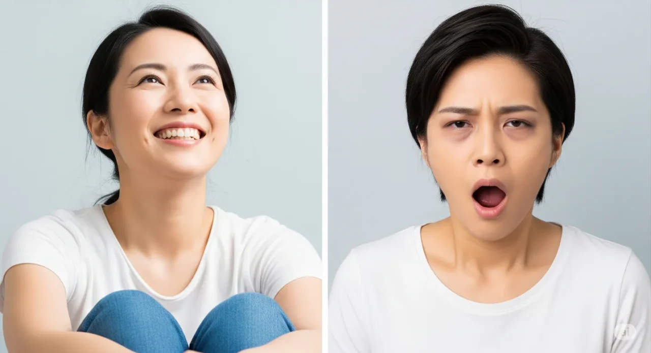 画面左には満足そうに微笑む日本人女性、右には疲れてあくびをしている女性の対比。